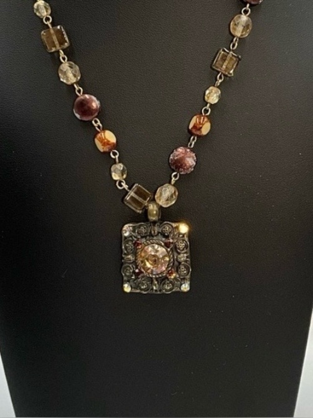 Sade Design Necklace Beaded Multi-Color Boho Style with Square Pendant